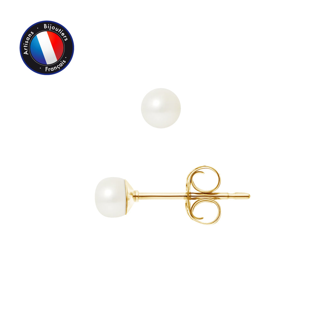 PERLINEA Boucles d'Oreilles Perles de Culture d'Eau Douce Bouton 4-5 mm Blanc - Or Jaune
