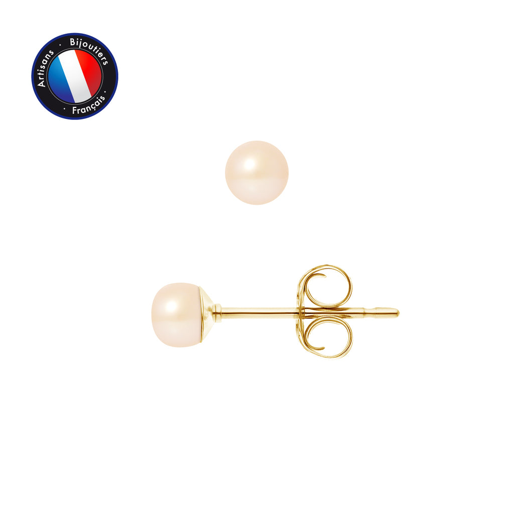 PERLINEA Boucles d'Oreilles Perles de Culture d'Eau Douce Bouton 4-5 mm Rose - Or Jaune