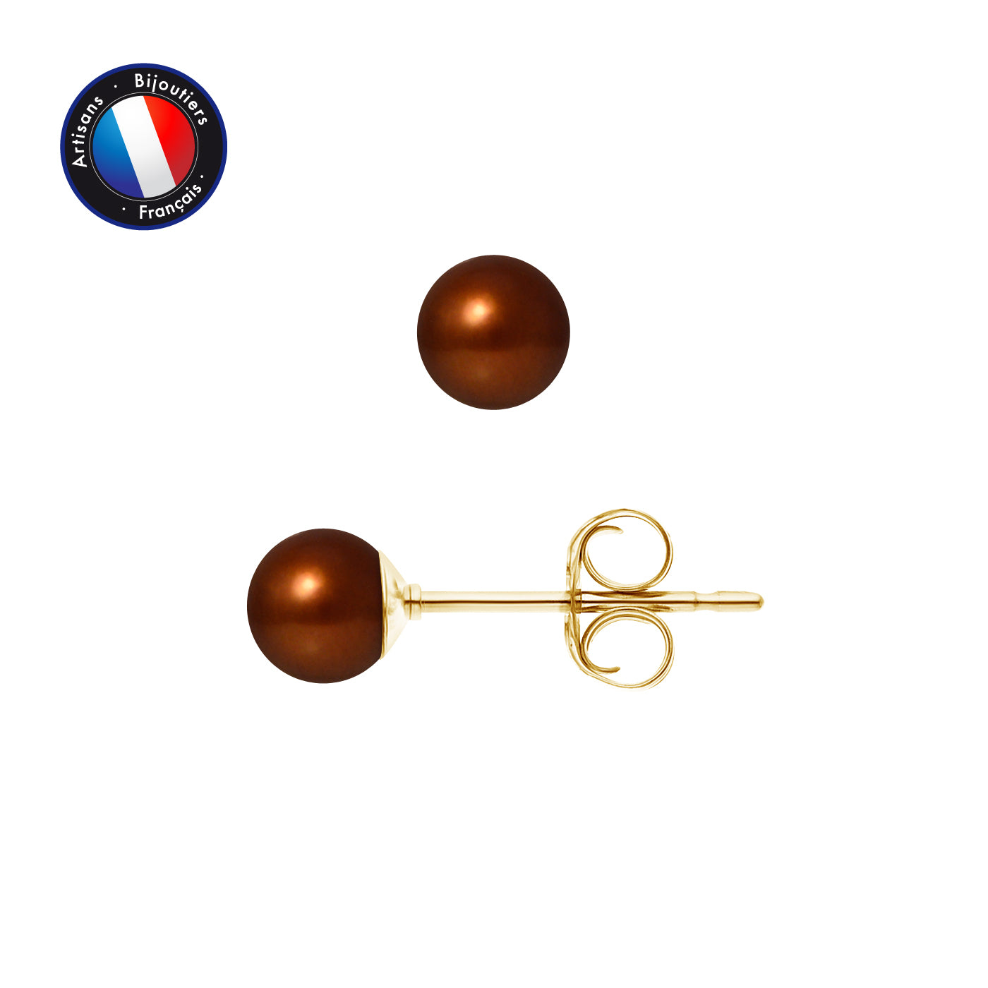 PERLINEA Boucles d'Oreilles Perles de Culture Rondes 5-6 mm Chocolat - Or Jaune