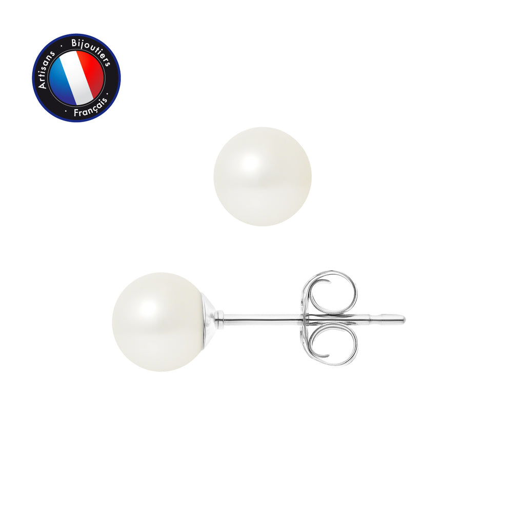 PERLINEA Boucles d'Oreilles Perles de Culture Rondes 6-7 mm Blanches - Or Blanc