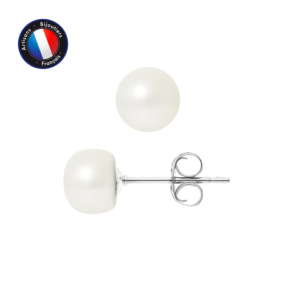 PERLINEA Boucles d'Oreilles Perles de Culture 7-8 mm Blanches - Or Blanc