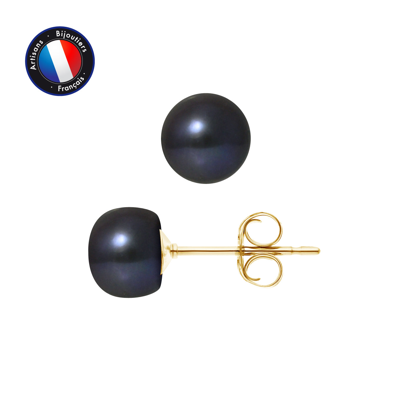PERLINEA Boucles d'Oreilles Perles de Culture Bouton 7-8 mm Black Tahiti - Or Jaune