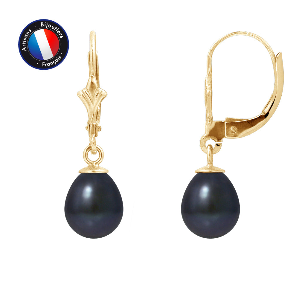 PERLINEA Boucles d'Oreilles Perles de Culture Diamètre 7-8 mm Black Tahiti - Or Jaune