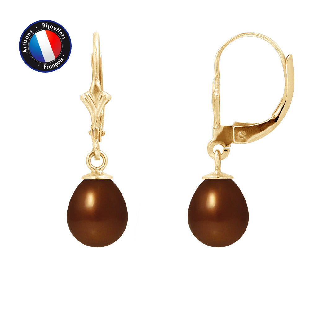 PERLINEA Boucles d'Oreilles Perles de Culture Diamètre 7-8 mm Chocolat - Or Jaune