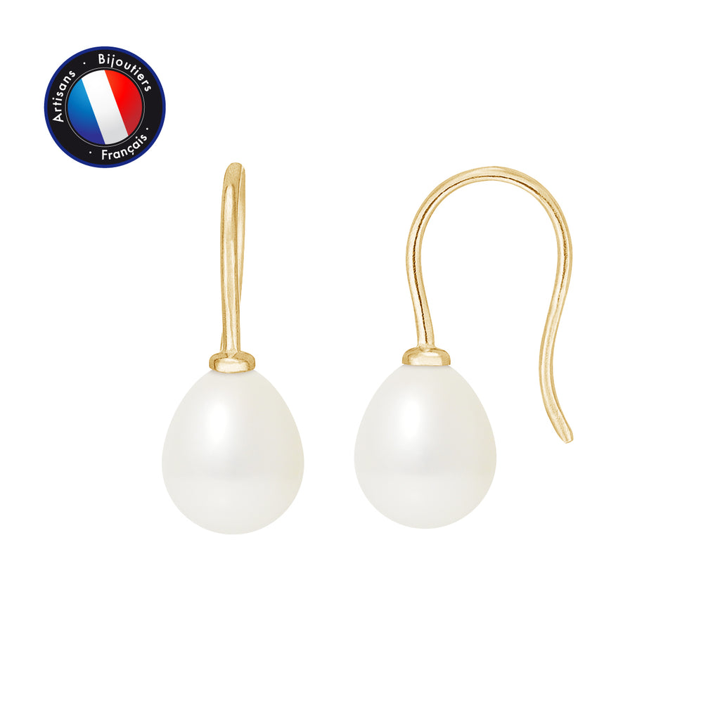 PERLINEA Boucles d'Oreilles Perles de Culture Diamètre 7-8 mm Blanches - Or Jaune