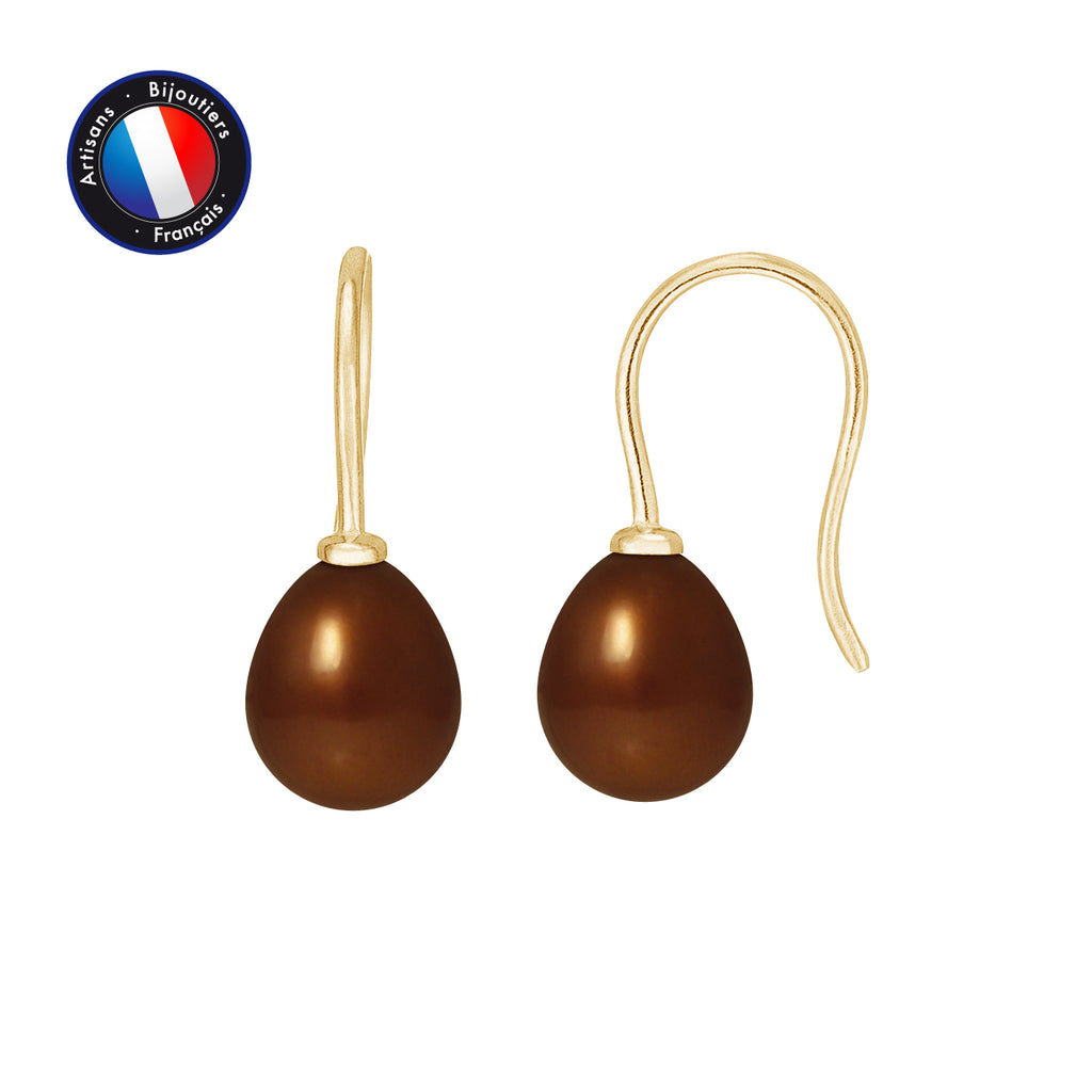 PERLINEA Boucles d'Oreilles Perles de Culture Diamètre 7-8 mm Chocolat - Or Jaune