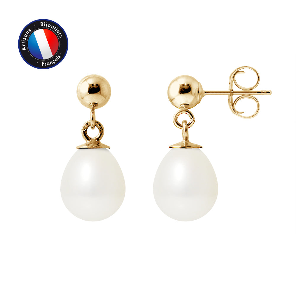 PERLINEA Boucles d'Oreilles Perles de Culture Diamètre 7-8 mm Blanches - Or Jaune