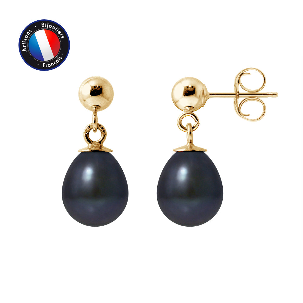 PERLINEA Boucles d'Oreilles Perles de Culture Diamètre 7-8 mm Black Tahiti - Or Jaune