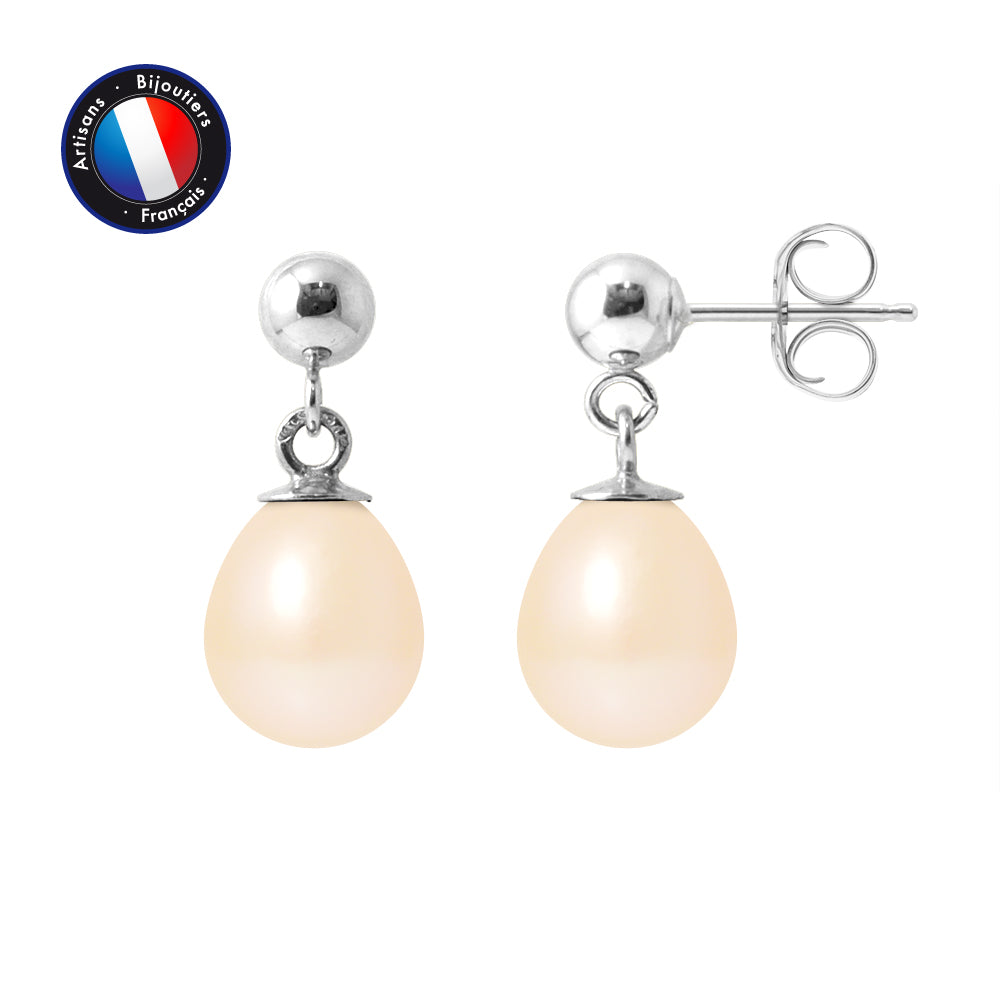PERLINEA Boucles d'Oreilles Perles de Culture Diamètre 7-8 mm Roses - Or Blanc