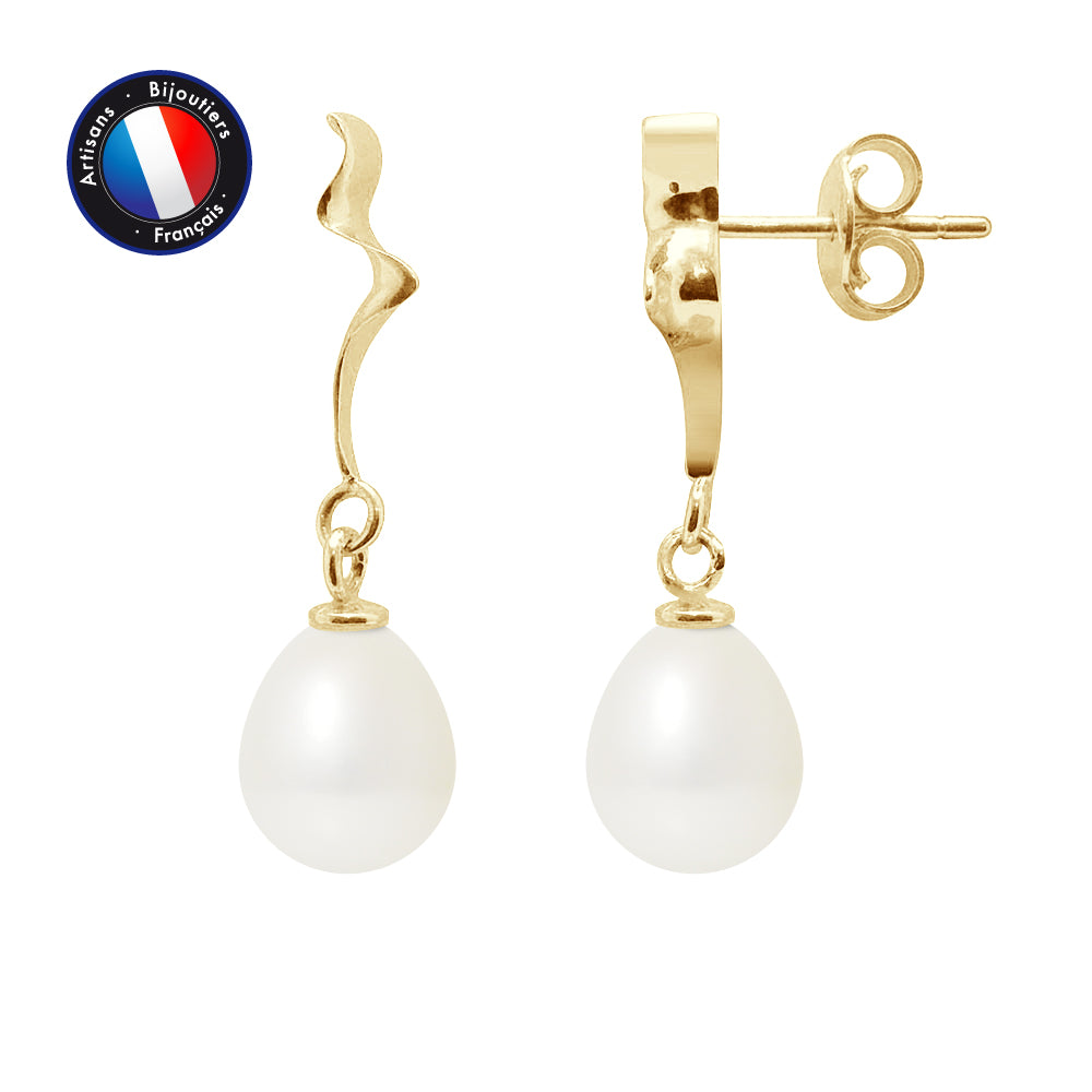PERLINEA Boucles d'Oreilles Perles de Culture Diamètre 8-9 mm Blanches - Or Jaune