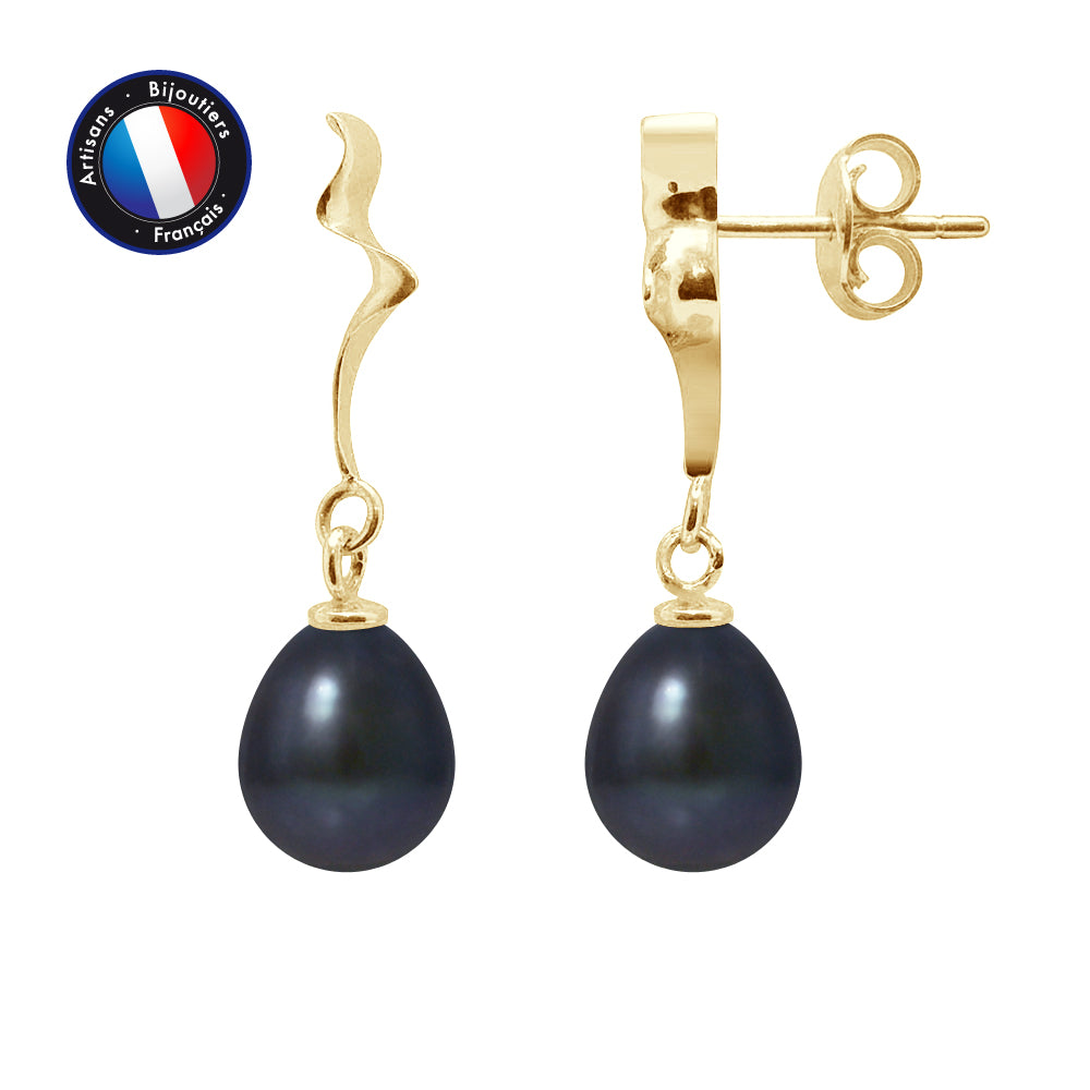 PERLINEA Boucles d'Oreilles Perles de Culture Diamètre 8-9 mm Black Tahiti -  Or Jaune