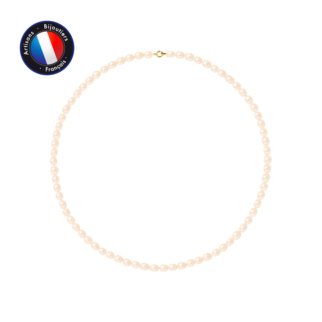 PERLINEA Collier Perles de Culture d'Eau Douce Riz 5-6 mm Roses Naturelles - Or Jaune