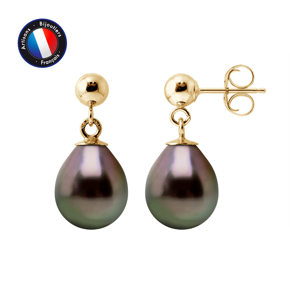 PERLINEA Boucles d'Oreilles Perles de Culture de Tahiti Diamètre 8-9 mm - Or Jaune