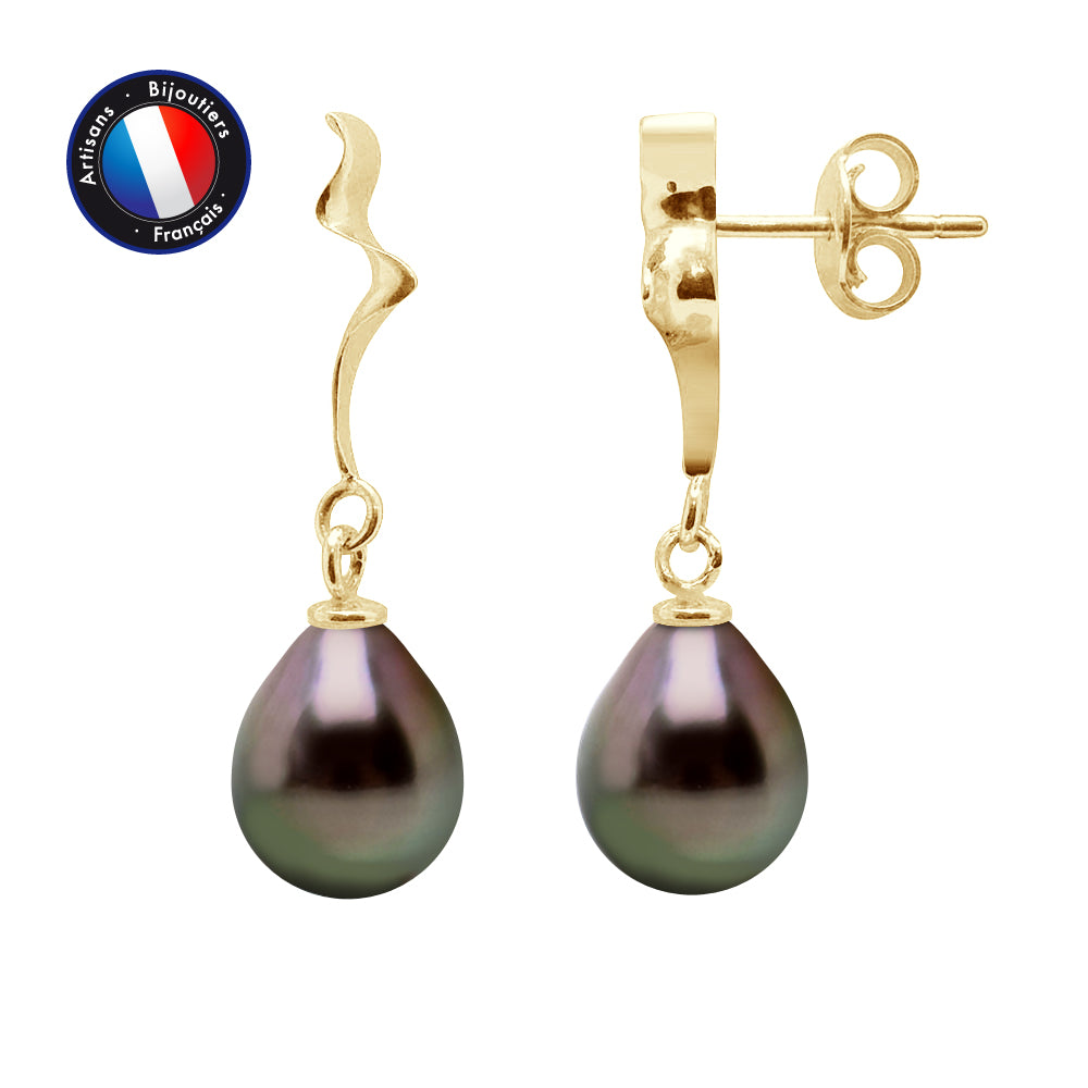 PERLINEA Boucles d'Oreilles Perles de Culture de Tahiti Diamètre 9-10 mm - Or Jaune