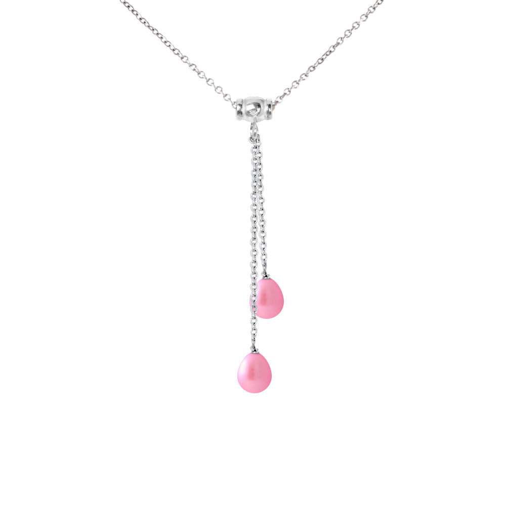 PERLINEA Collier Toi & Moi 2 Perles de Culture d'Eau Douce Diamètre 7-8 mm  Roses Fuchsia - Argent 925 Millièmes