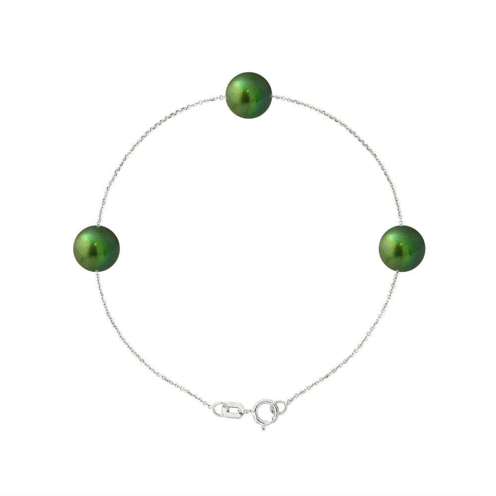 PERLINEA Bracelet Perles de Culture d'Eau Douce Diamètre 7-8 mm Vert Intense - Argent 925 Millièmes