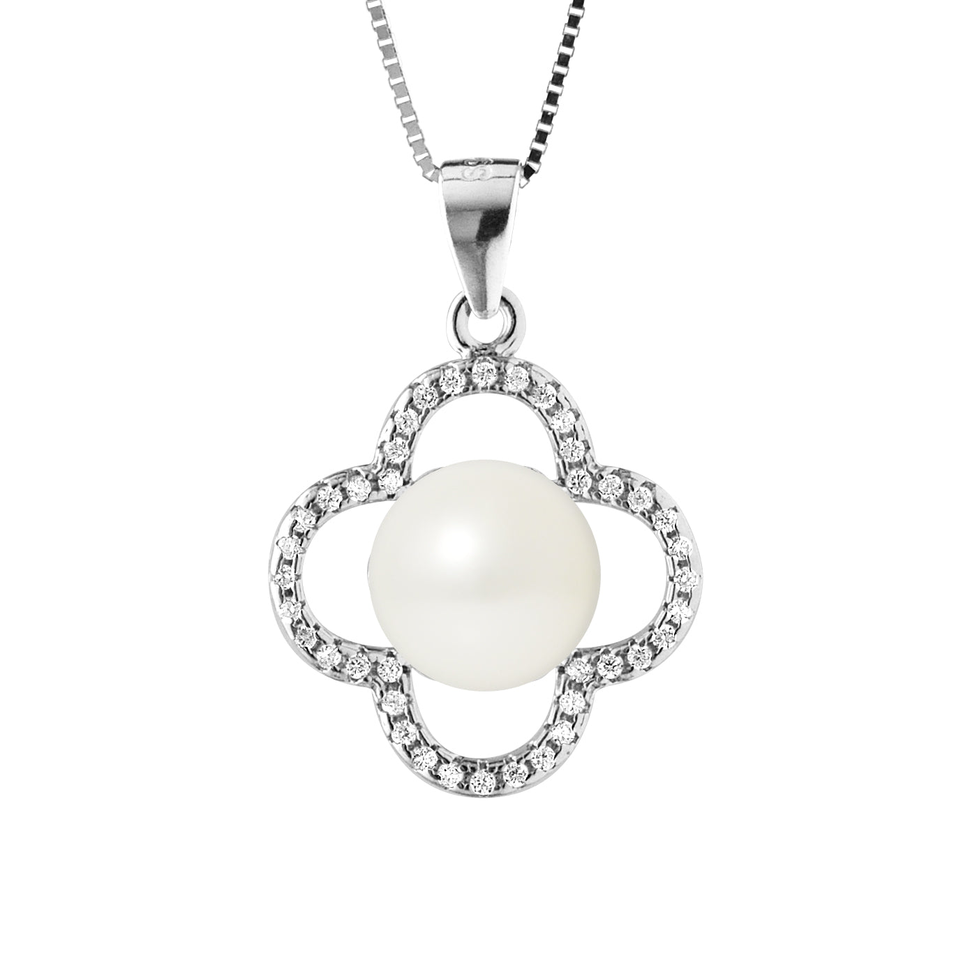 PERLINEA Collier Trèfle Perle de Culture d'Eau Douce Diamètre 9-10 mm Blanche - Argent 925 Millièmes