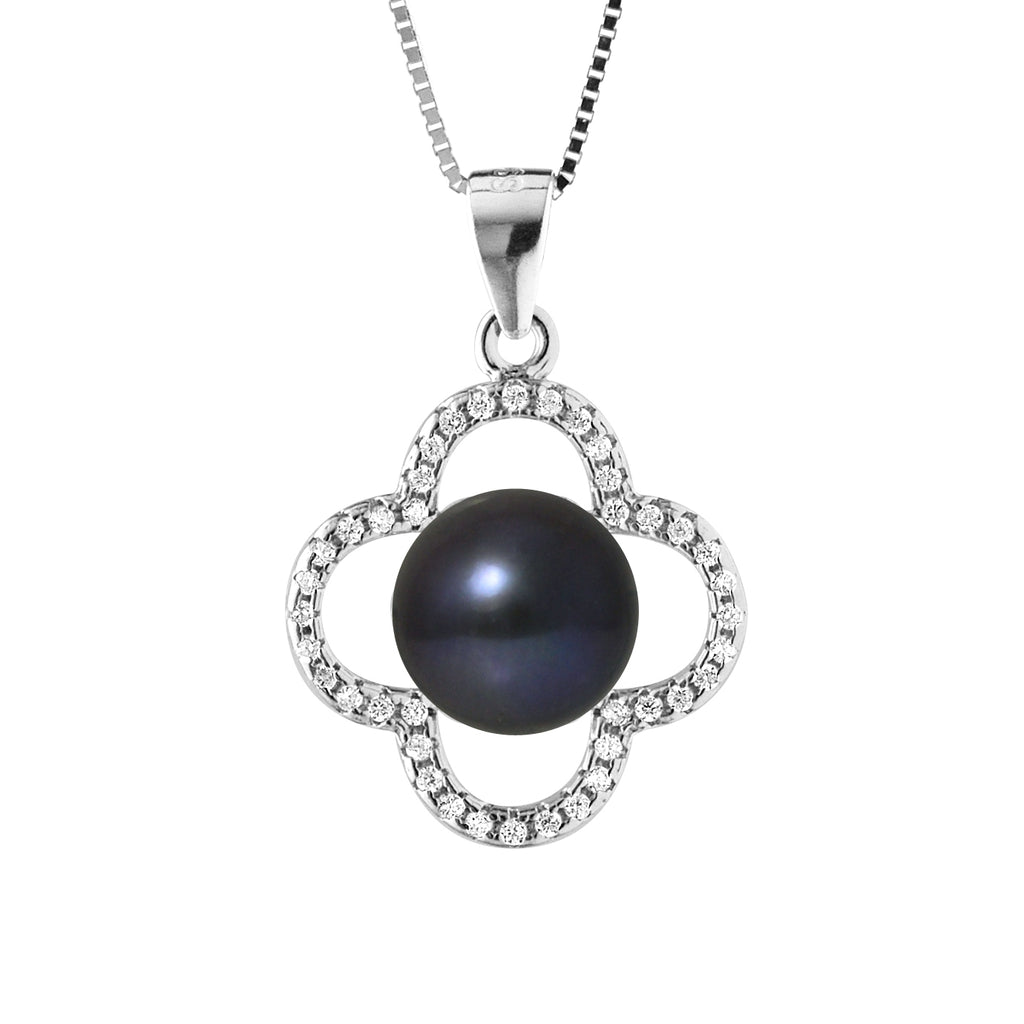 PERLINEA Collier Trèfle Perle de Culture d'Eau Douce Diamètre 9-10 mm Black Tahiti - Argent 925 Millièmes