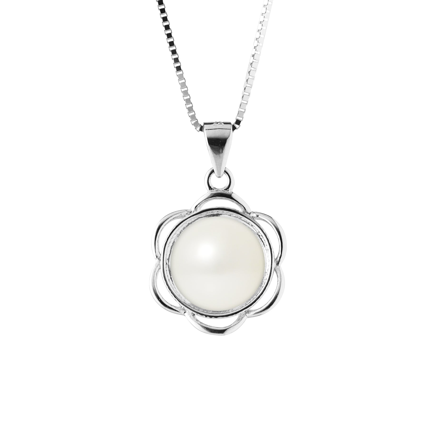 PERLINEA Collier Fleur Perle de Culture d'Eau Douce Bouton 8-9 mm - Argent 925 Millièmes