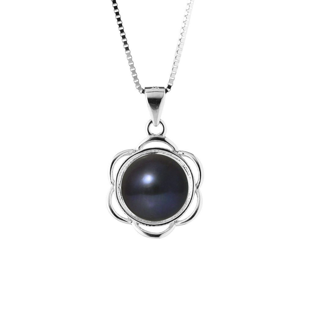 PERLINEA Collier Fleur Perle de Culture d'Eau Douce Bouton 8-9 mm Black Tahiti - Argent 925 Millièmes