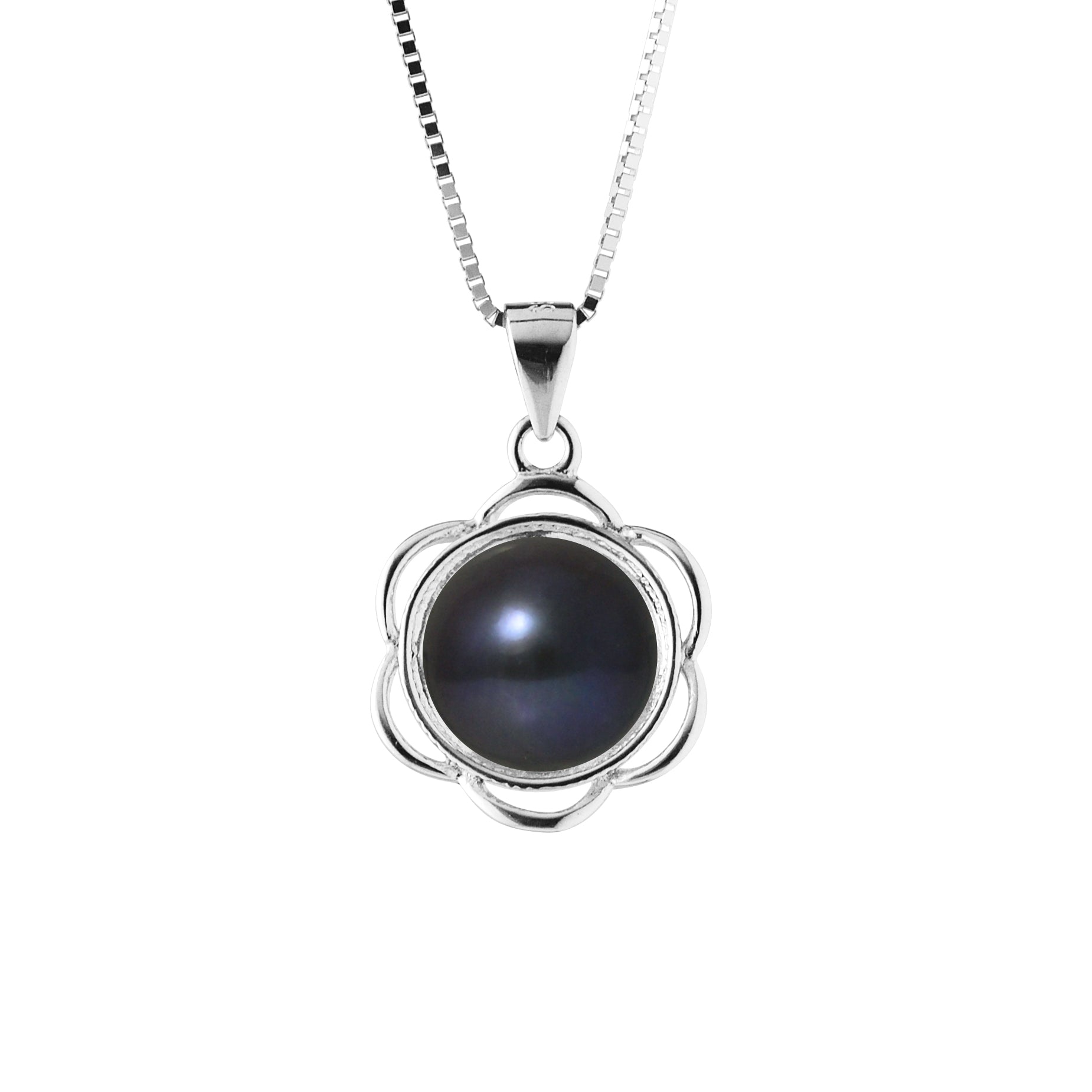 PERLINEA Collier Fleur Perle de Culture d'Eau Douce Bouton 8-9 mm Black Tahiti - Argent 925 Millièmes