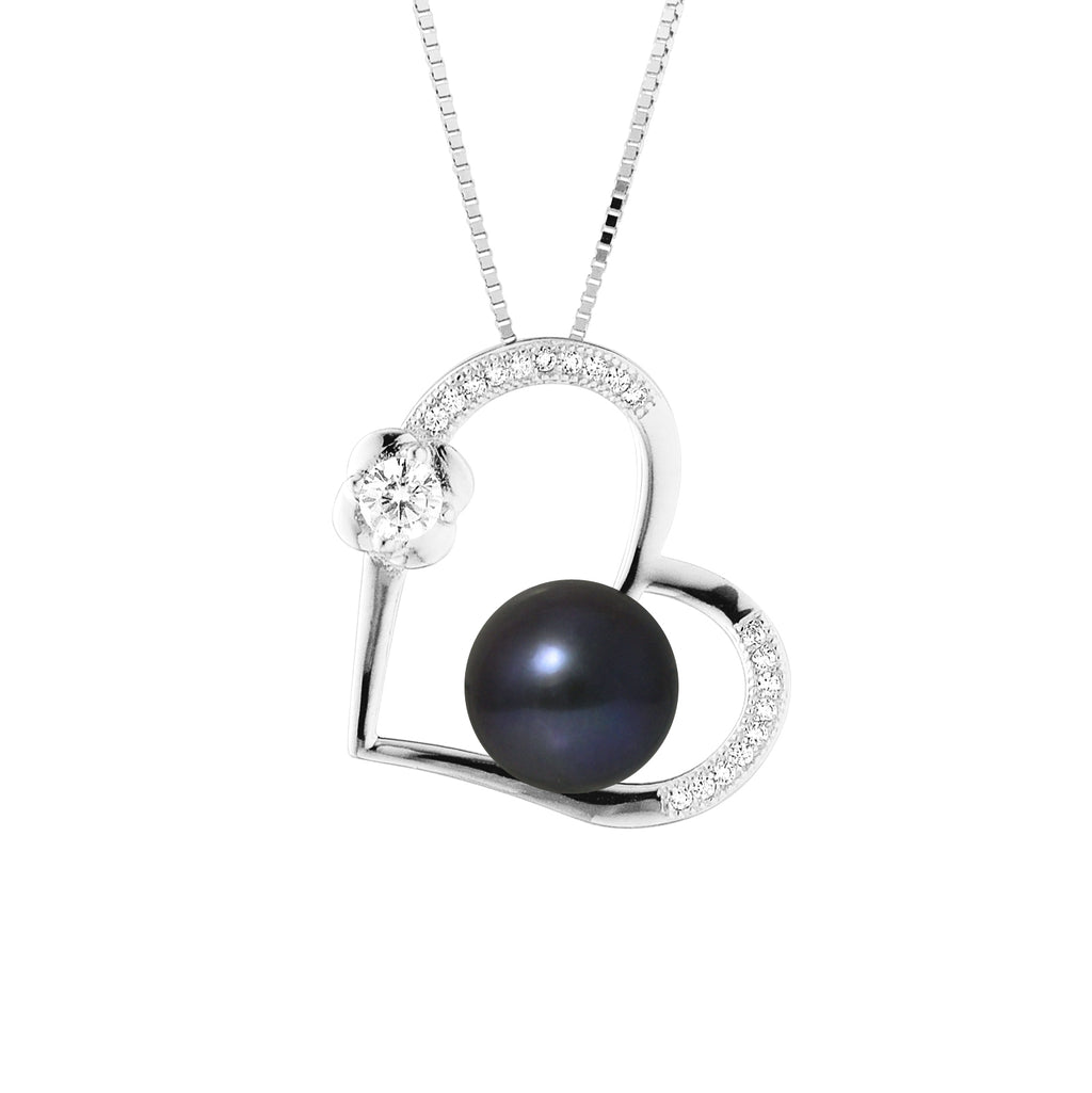 PERLINEA Collier Love Perle de Culture d'Eau Douce Diamètre 9-10 mm Black Tahiti - Argent 925 Millièmes