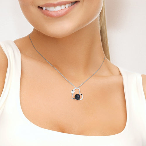 PERLINEA  Collier Love- Perle de Culture d'Eau Douce- Diamètre 9-10 mm Black Tahiti- Bijou Femme- Argent 925 Millièmes