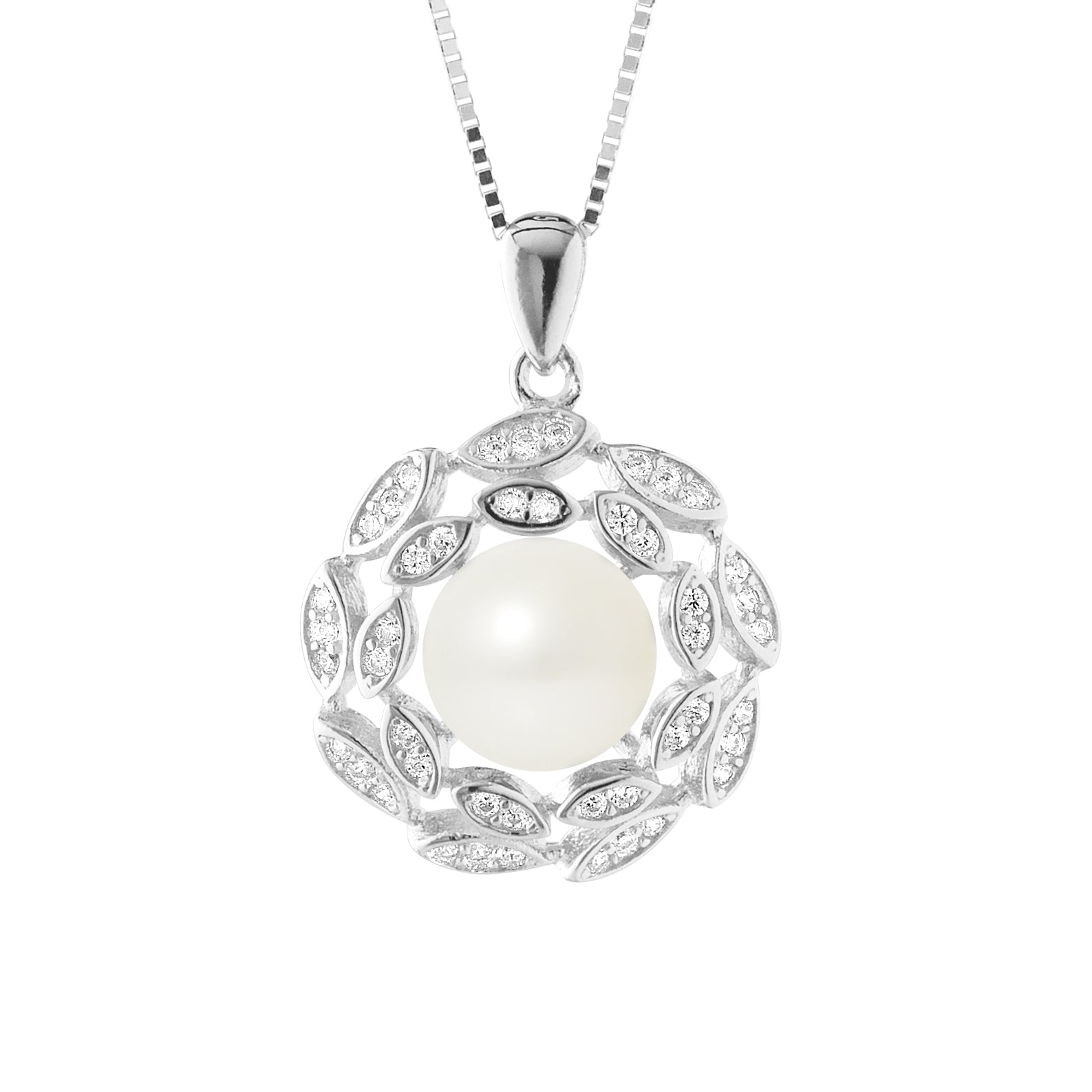 PERLINEA Collier Corolle Perle de Culture d'Eau Douce Bouton 8-9 mm Blanche - Argent 925 Millièmes