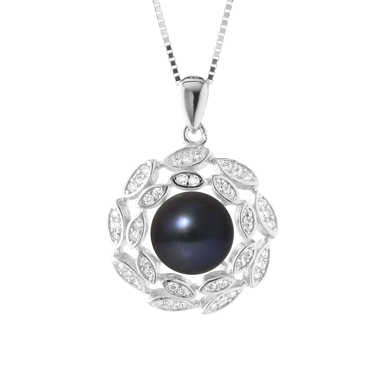 PERLINEA Collier Corolle Perle de Culture d'Eau Douce Bouton 8-9 mm Black Tahiti - Argent 925 Millièmes