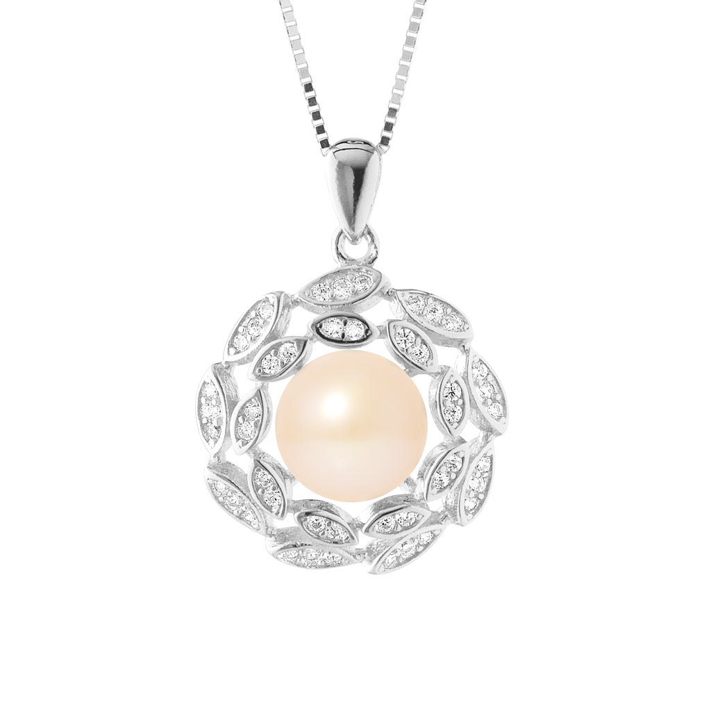 PERLINEA Collier Corolle Perle de Culture d'Eau Douce  Bouton 8-9 mm Rose - Argent 925 Millièmes