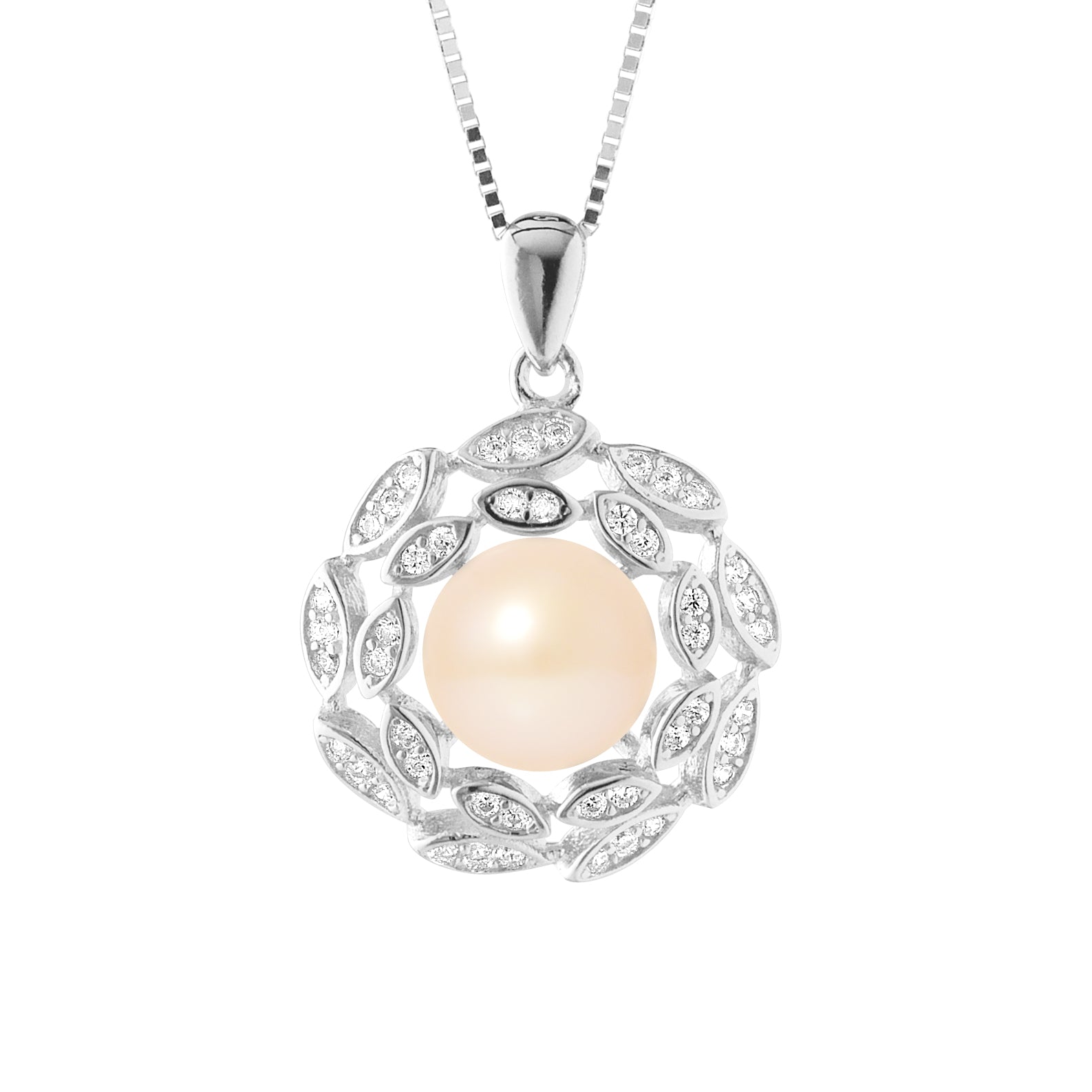 PERLINEA Collier Corolle Perle de Culture d'Eau Douce  Bouton 8-9 mm Rose - Argent 925 Millièmes