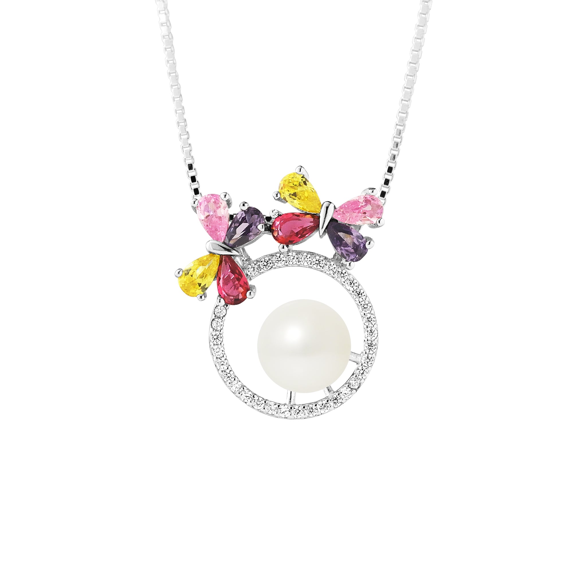 PERLINEA Collier Flower Perle de Culture d'Eau Douce Diamètre 9-10 mm Blanche - Argent 925 Millièmes