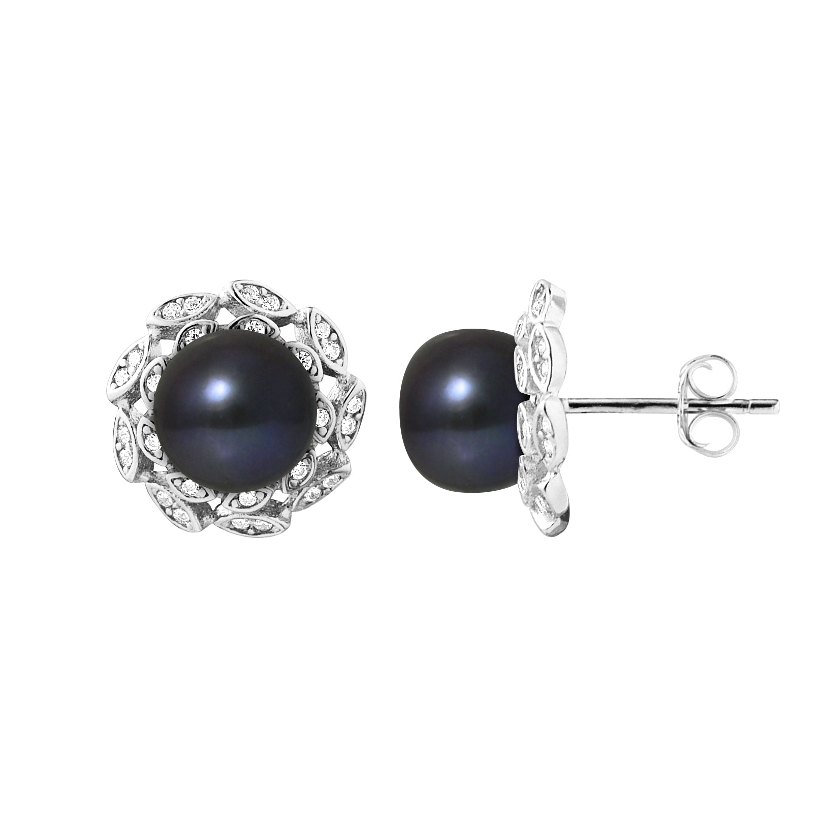PERLINEA Boucles d'Oreilles Corolle Perles de Culture Black Tahiti - Argent 925 Millièmes