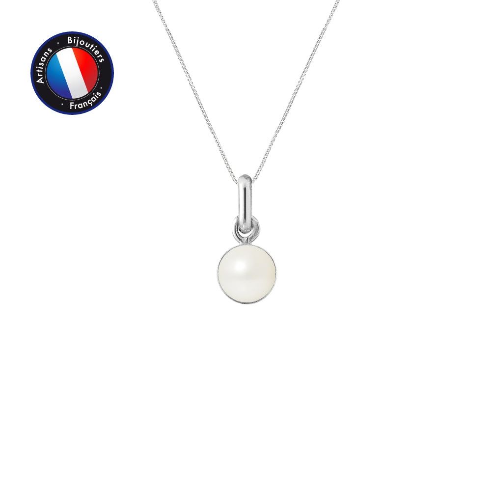 PERLINEA Pendentif  Perle de Culture d'Eau Douce Bouton Diamètre 6-7 mm Blanche - Or Blanc