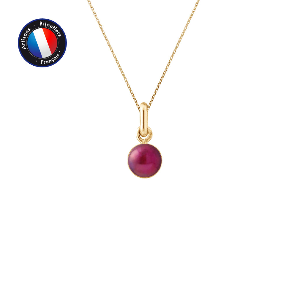 PERLINEA Pendentif Perle de Culture d'Eau Douce Bouton Diamètre 6-7 mm Rouge Cerise - Or Jaune