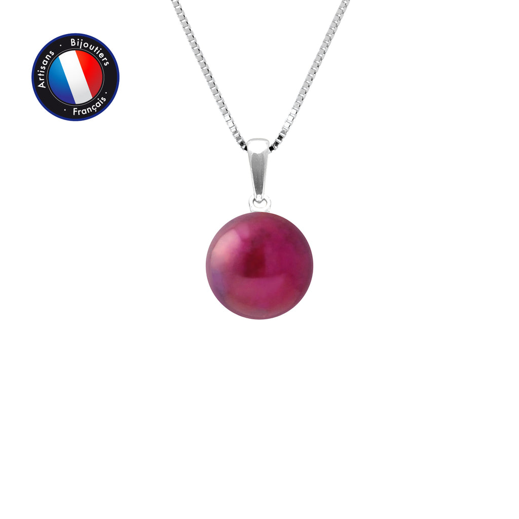 PERLINEA Pendentif Perle de Culture d'Eau Douce Diamètre 9-10 mm Rouge Cerise - Or Blanc
