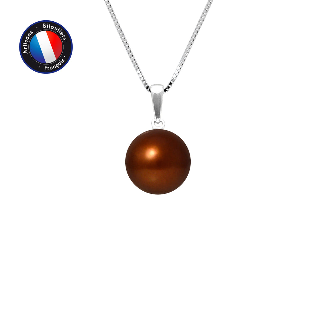 PERLINEA Pendentif Perle de Culture d'Eau Douce Diamètre 9-10 mm Chocolat - Or Blanc
