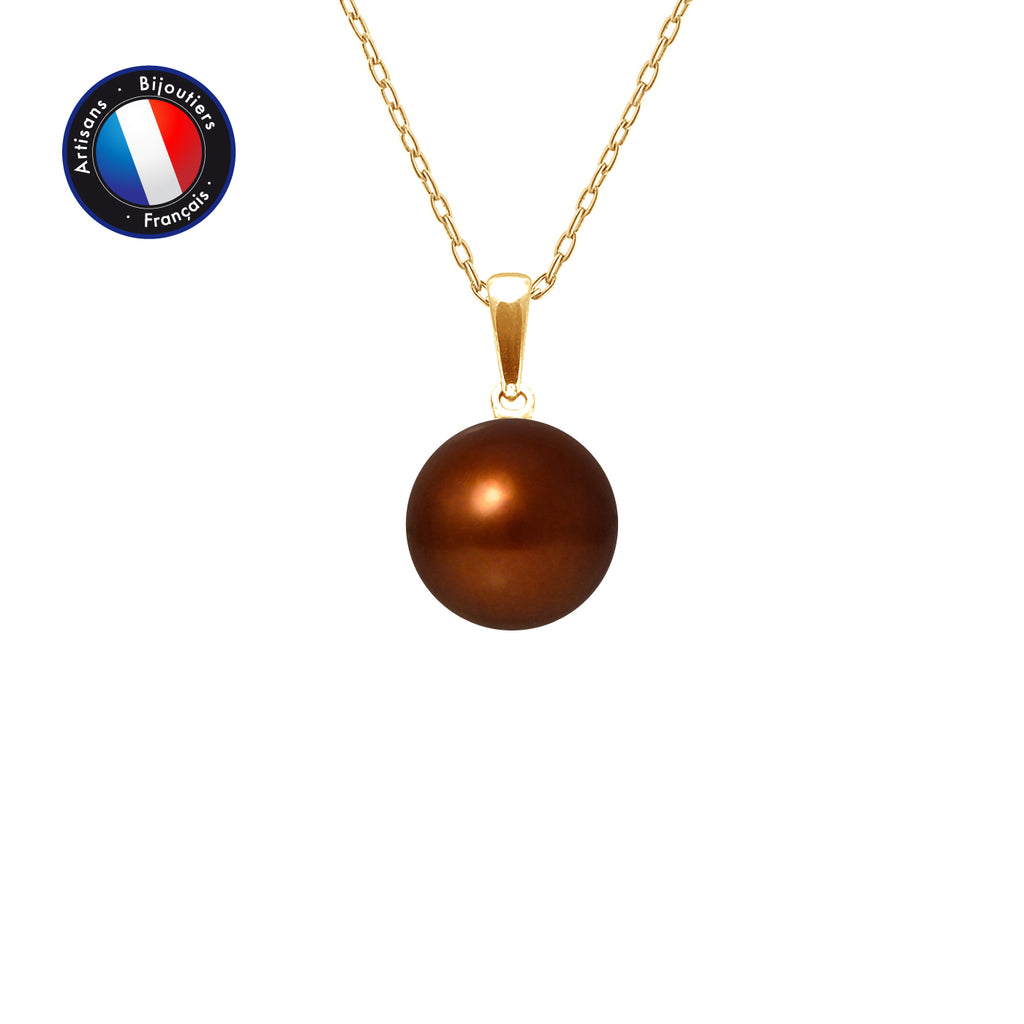 PERLINEA Pendentif Perle de Culture d'Eau Douce Bouton Diamètre 9-10 mm Chocolat - Or Jaune