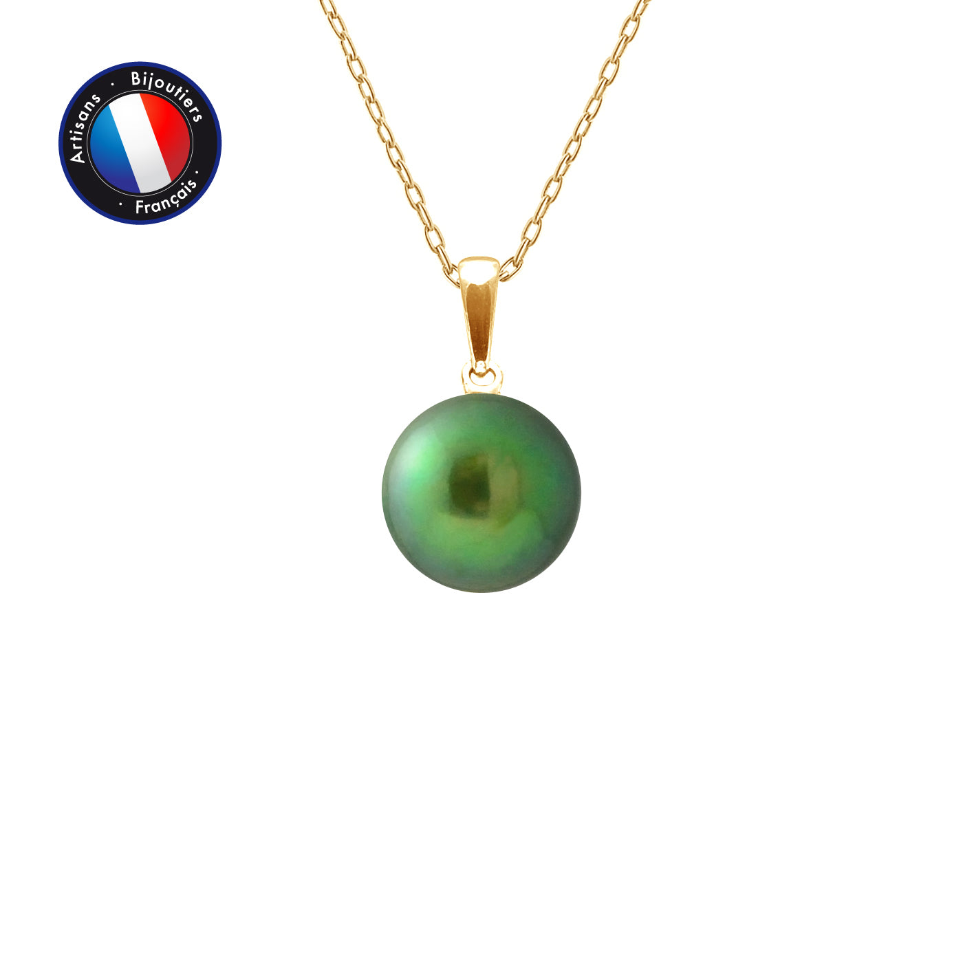 PERLINEA Pendentif Perle de Culture d'Eau Douce Bouton Diamètre 9-10 mm Vert Intense - Or Jaune