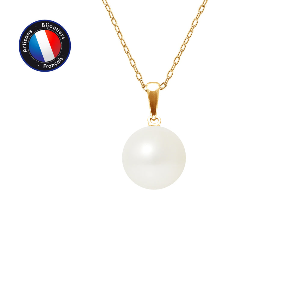 PERLINEA Pendentif Perle de Culture d'Eau Douce Bouton Diamètre 9-10 mm Blanche - Or Jaune