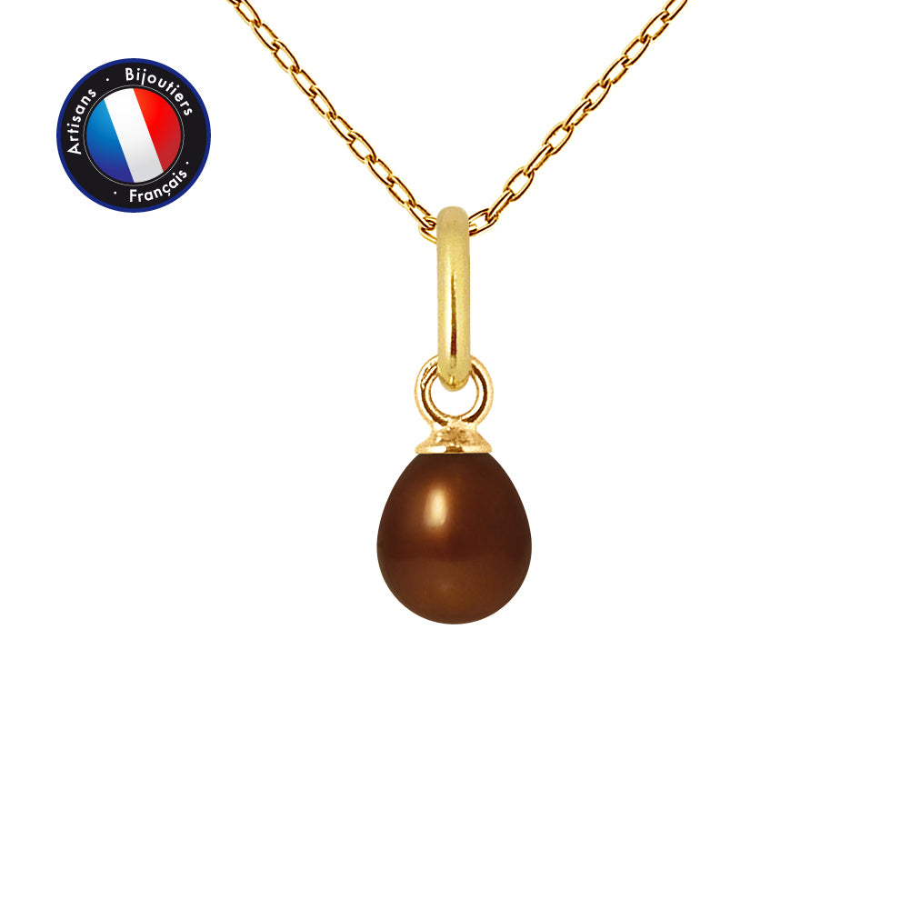 PERLINEA Pendentif Perle de Culture d'Eau Douce Bouton Diamètre 5-6 mm Chocolat - Or Jaune