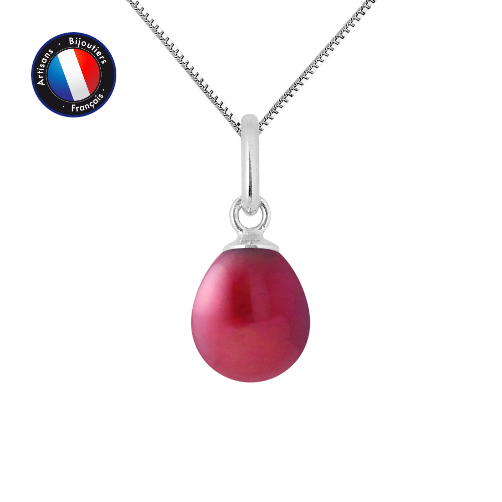 PERLINEA Pendentif Perle de Culture d'Eau Douce Bouton Diamètre 7-8 mm Rouge Cerise - Or Blanc