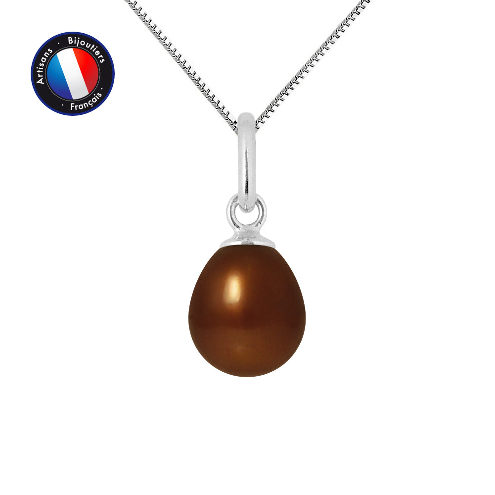 PERLINEA Pendentif Perle de Culture d'Eau Douce Bouton Diamètre 7-8 mm Chocolat - Or Blanc
