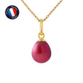 PERLINEA Pendentif Perle de Culture d'Eau Douce Bouton Diamètre 7-8 mm Rouge Cerise - Or Jaune