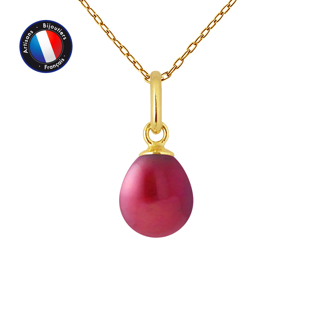 PERLINEA Pendentif Perle de Culture d'Eau Douce Bouton Diamètre 7-8 mm Rouge Cerise - Or Jaune