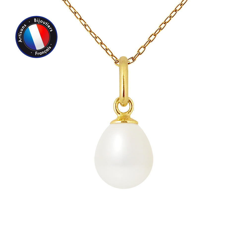 PERLINEA Pendentif Perle de Culture d'Eau Douce Bouton Diamètre 7-8 mm Blanche - Or Jaune