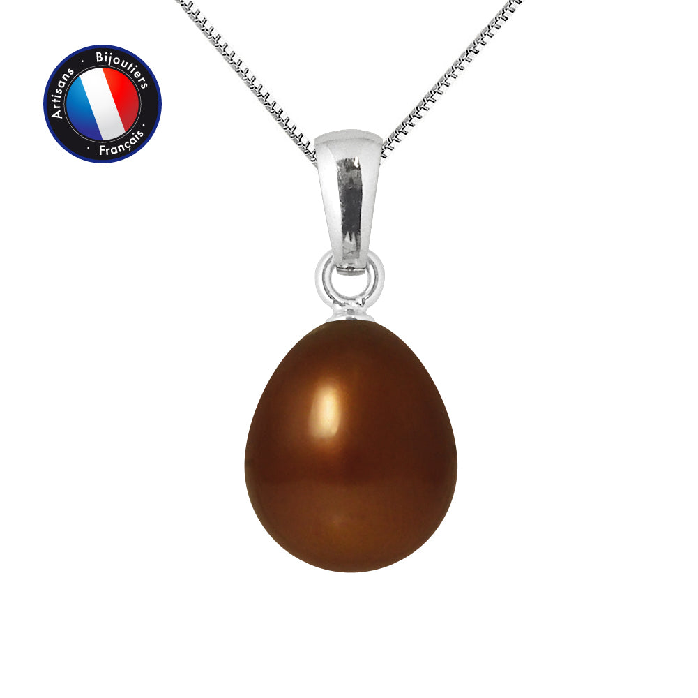 PERLINEA Pendentif Perle de Culture d'Eau Douce Bouton Diamètre 9-10 mm Chocolat - Or Blanc