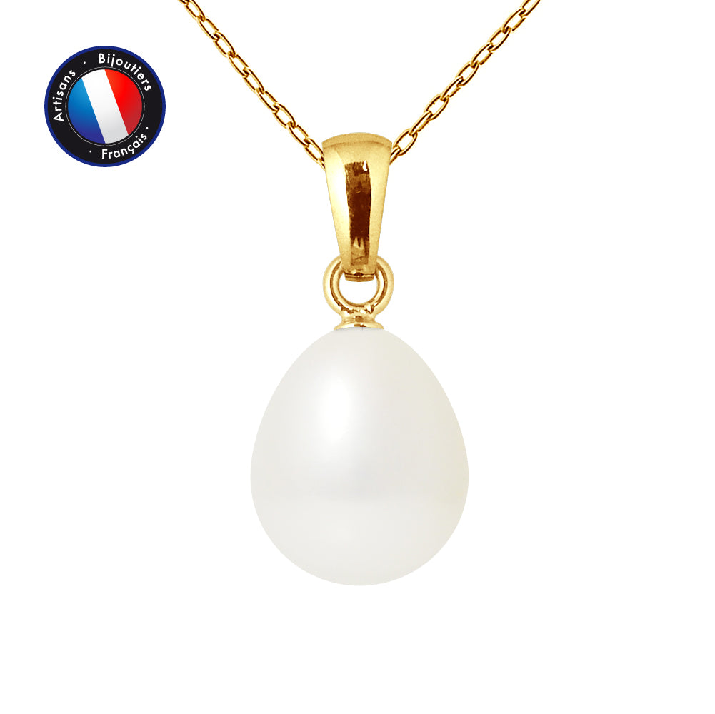 PERLINEA Pendentif Perle de Culture d'Eau Douce Poire Diamètre 9-10 mm Blanche - Or Jaune
