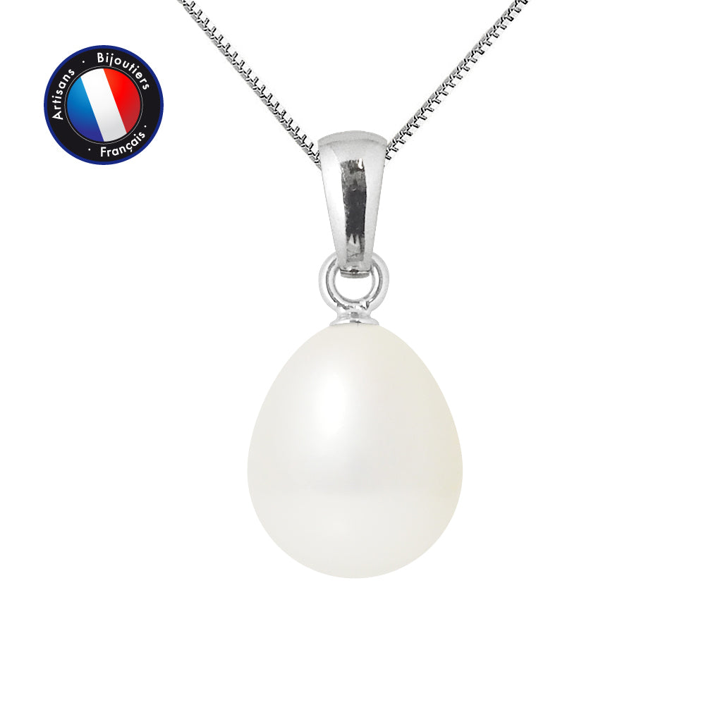 PERLINEA Pendentif Perle de Culture d'Eau Douce Bouton Diamètre 9-10 mm Blanche - Or Blanc