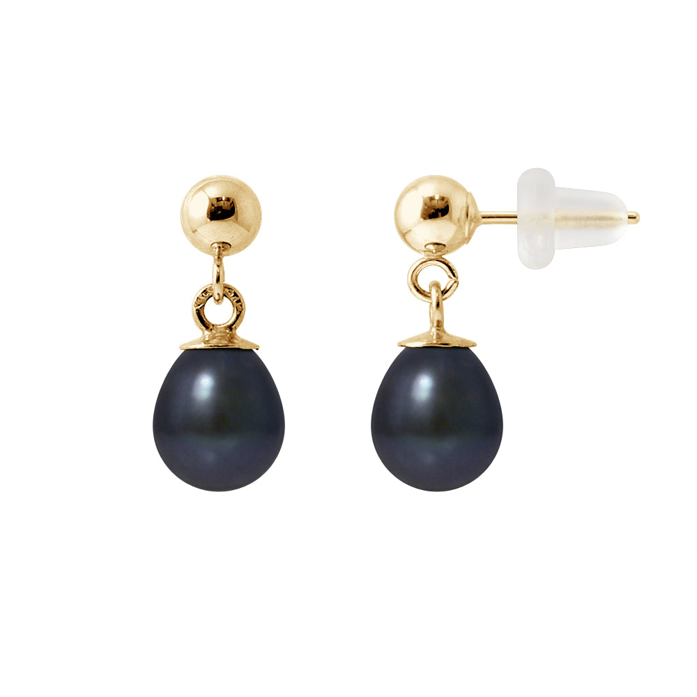 PERLINEA Boucles d'Oreilles Perles de Culture Poire Diamètre 6-7 mm Black Tahiti - Or Jaune